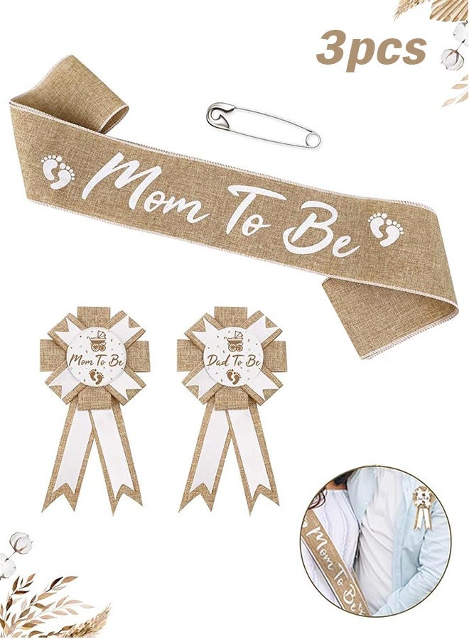 Organizer 3PCS Baby Shower Neutral Burlap Mom to Be Sash Rustic Boho Baby Gender Reveal Sash Baby Shower Tinplate Badge Pin Mommy Sash And Daddy to Be Badge for Gender Reveal and Baby Showers Decorations - Image 1