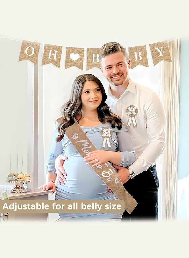 Organizer 3PCS Baby Shower Neutral Burlap Mom to Be Sash Rustic Boho Baby Gender Reveal Sash Baby Shower Tinplate Badge Pin Mommy Sash And Daddy to Be Badge for Gender Reveal and Baby Showers Decorations - Image 2