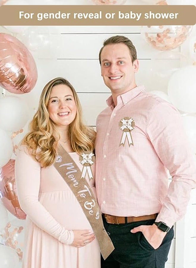 Organizer 3PCS Baby Shower Neutral Burlap Mom to Be Sash Rustic Boho Baby Gender Reveal Sash Baby Shower Tinplate Badge Pin Mommy Sash And Daddy to Be Badge for Gender Reveal and Baby Showers Decorations - Image 3