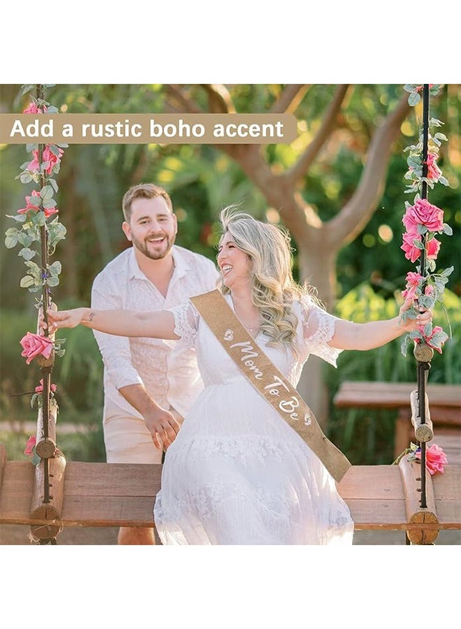 Organizer 3PCS Baby Shower Neutral Burlap Mom to Be Sash Rustic Boho Baby Gender Reveal Sash Baby Shower Tinplate Badge Pin Mommy Sash And Daddy to Be Badge for Gender Reveal and Baby Showers Decorations - Image 5