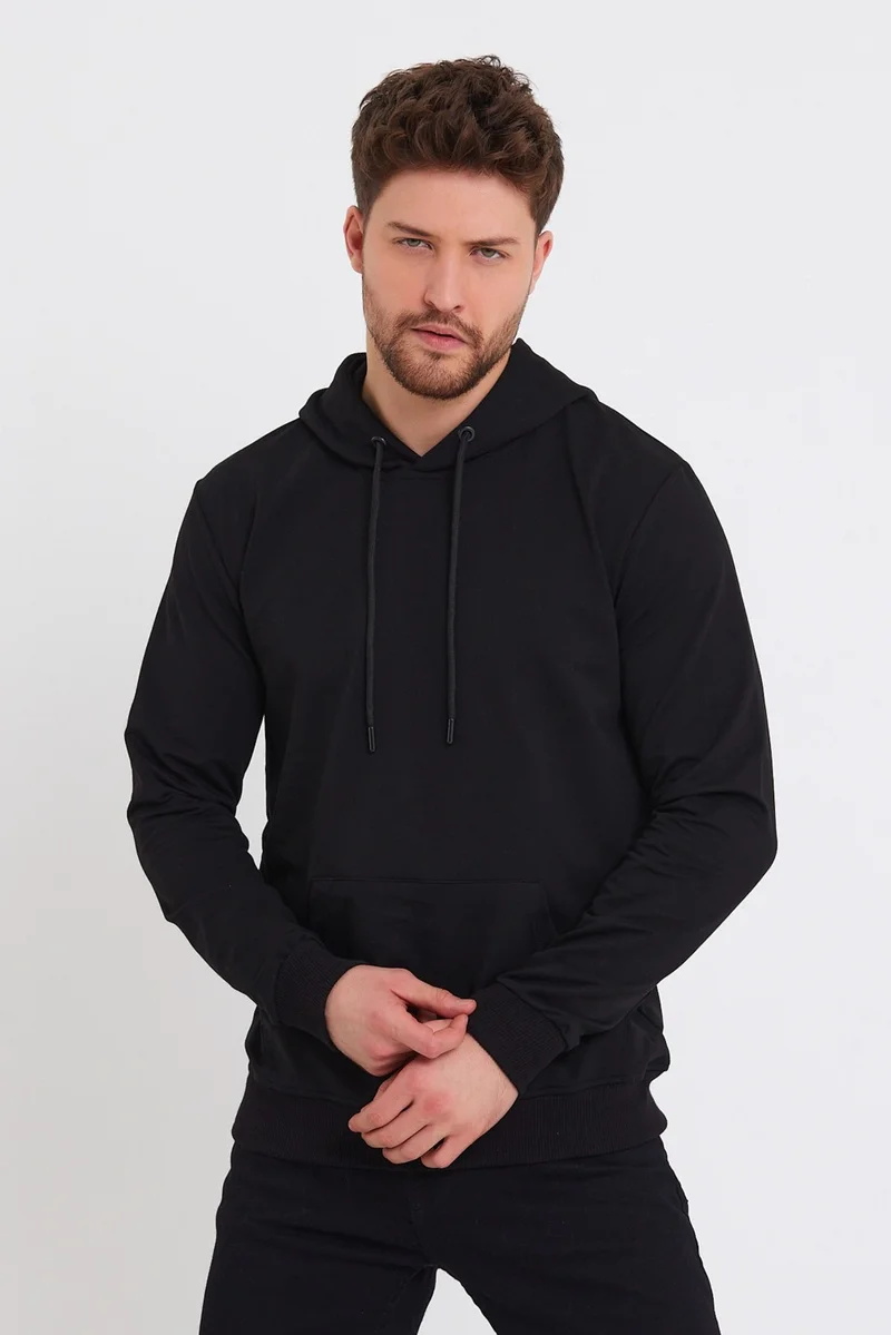 MRS Clothing Black Matte Printed Daily Casual Sports Thin Hooded Black Sweatshirt