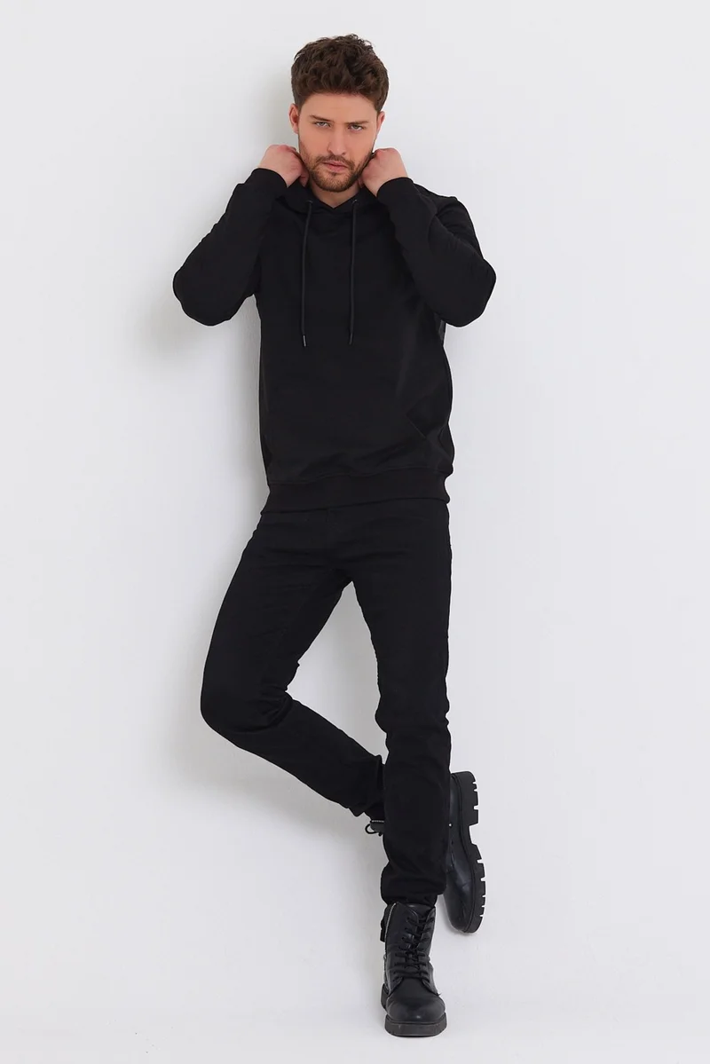 MRS Clothing Black Matte Printed Daily Casual Sports Thin Hooded Black Sweatshirt
