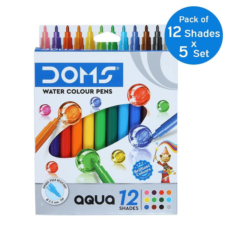 DOMS Doms Aqua 12 Shades Watercolour Sketch Pen Set | Unique Push Resistant Tip With Bright & Intense Colors | Non-Toxic & Safe For Kids | Colourful Sketching, Doodling & Mandala Art | Pack of 5  - Image 2