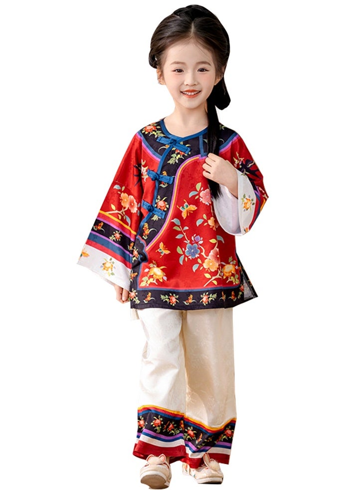 liannaner Little Girls Chinese Traditional Hanfu Outfit 2-Pieces, Red Floral Print Blouse + Wide Leg Pants, Kids Qipao Style Costume for New Year, Photoshoot, Party, Ages 3-10 - Image 1