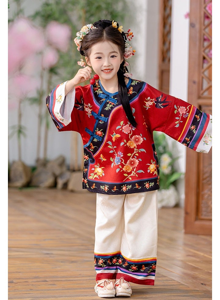 liannaner Little Girls Chinese Traditional Hanfu Outfit 2-Pieces, Red Floral Print Blouse + Wide Leg Pants, Kids Qipao Style Costume for New Year, Photoshoot, Party, Ages 3-10 - Image 4