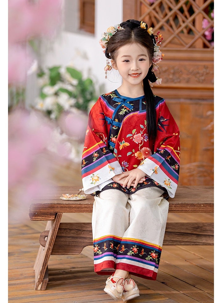 liannaner Little Girls Chinese Traditional Hanfu Outfit 2-Pieces, Red Floral Print Blouse + Wide Leg Pants, Kids Qipao Style Costume for New Year, Photoshoot, Party, Ages 3-10 - Image 3