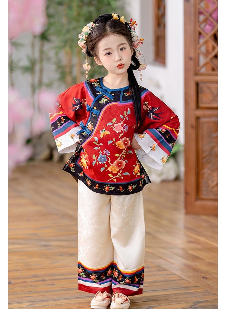 liannaner Little Girls Chinese Traditional Hanfu Outfit 2-Pieces, Red Floral Print Blouse + Wide Leg Pants, Kids Qipao Style Costume for New Year, Photoshoot, Party, Ages 3-10 - Image 5