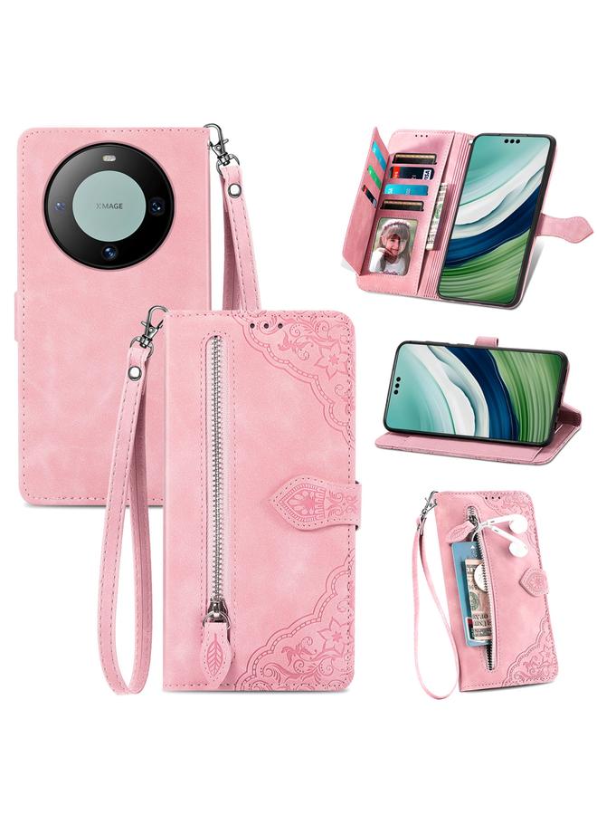 Zaboon Case For Huawei Mate 60 Pro Embossed Flower Zipper Leather Phone Case - Image 1