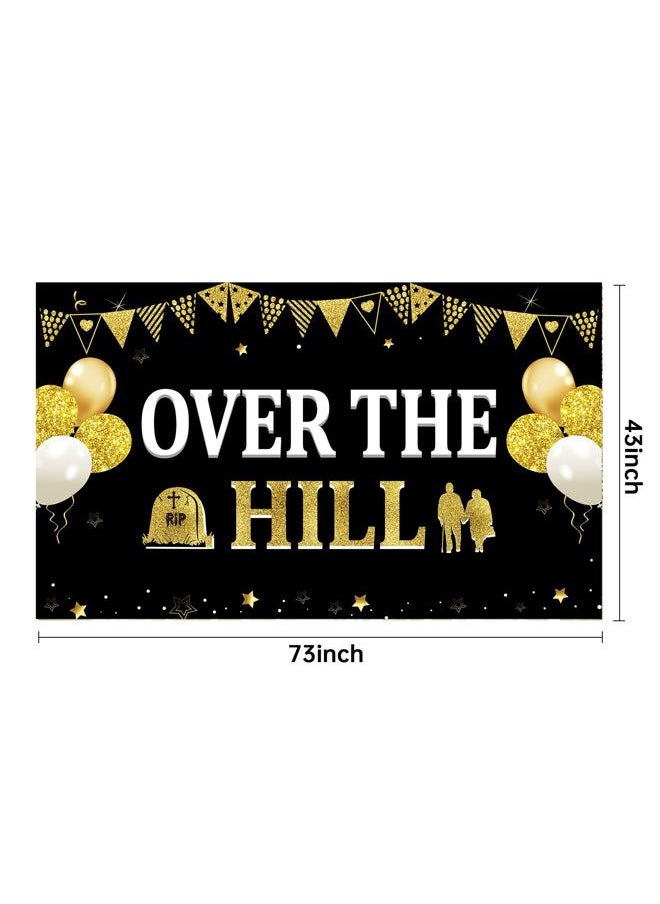 Bumqviy - Funny Birthday Decorations Over The Hill Banner for Men Women, Black Gold Old Age Happy Retirement Backdrop Party Supplies, 40th 50th 60th 70th 80th Birthday Retirement Poster Background Decor - Image 1