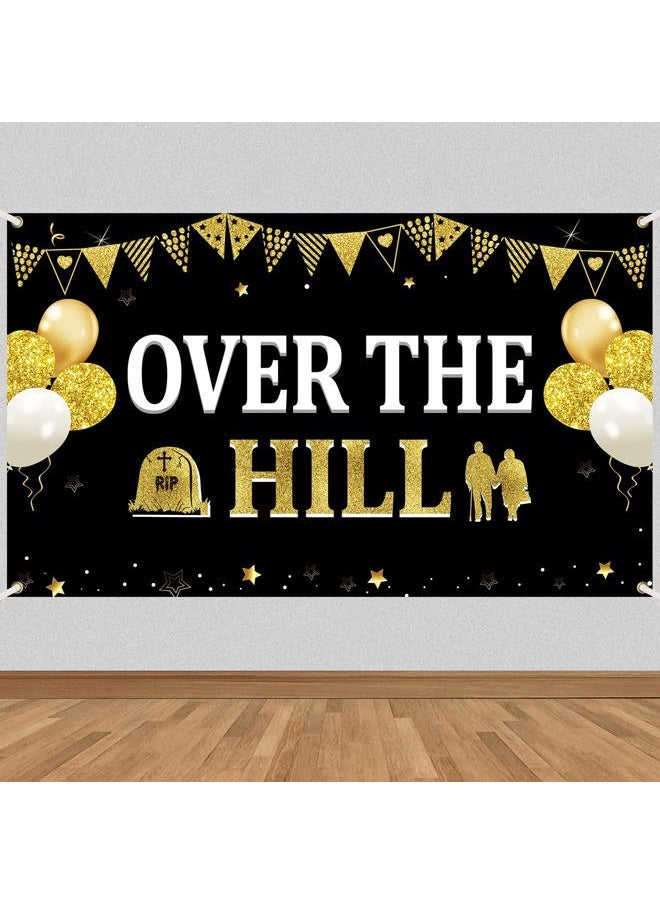 Bumqviy - Funny Birthday Decorations Over The Hill Banner for Men Women, Black Gold Old Age Happy Retirement Backdrop Party Supplies, 40th 50th 60th 70th 80th Birthday Retirement Poster Background Decor - Image 1