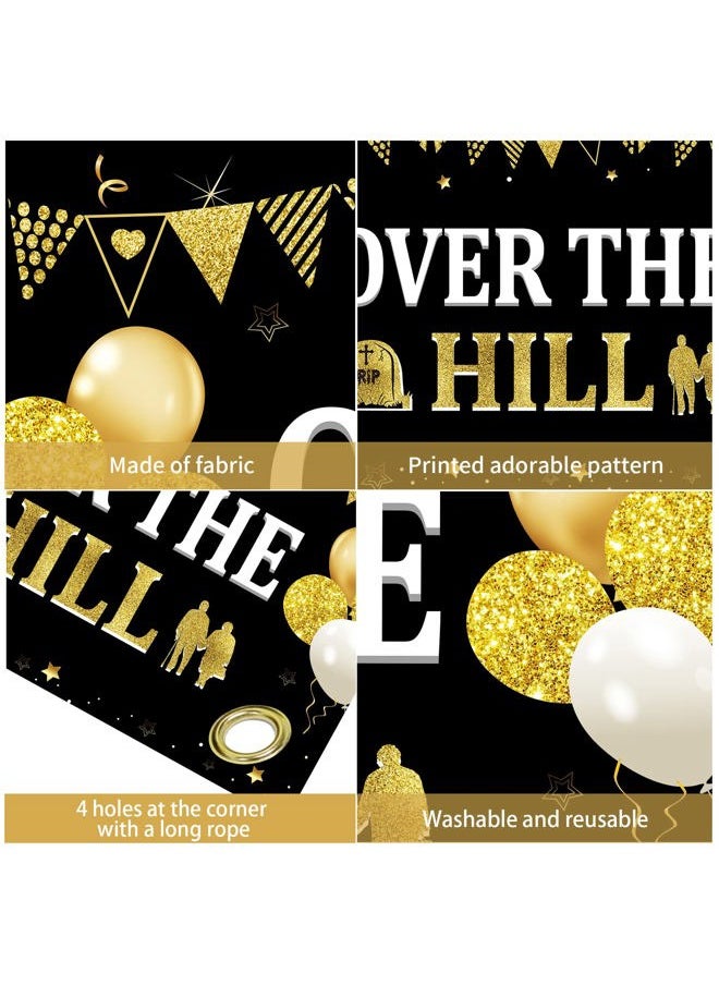 Bumqviy - Funny Birthday Decorations Over The Hill Banner for Men Women, Black Gold Old Age Happy Retirement Backdrop Party Supplies, 40th 50th 60th 70th 80th Birthday Retirement Poster Background Decor - Image 1