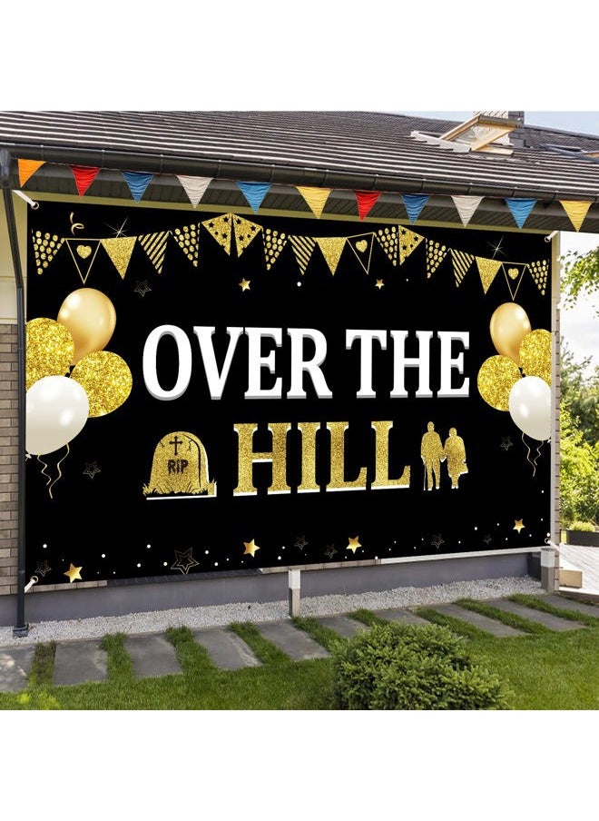 Bumqviy - Funny Birthday Decorations Over The Hill Banner for Men Women, Black Gold Old Age Happy Retirement Backdrop Party Supplies, 40th 50th 60th 70th 80th Birthday Retirement Poster Background Decor - Image 1