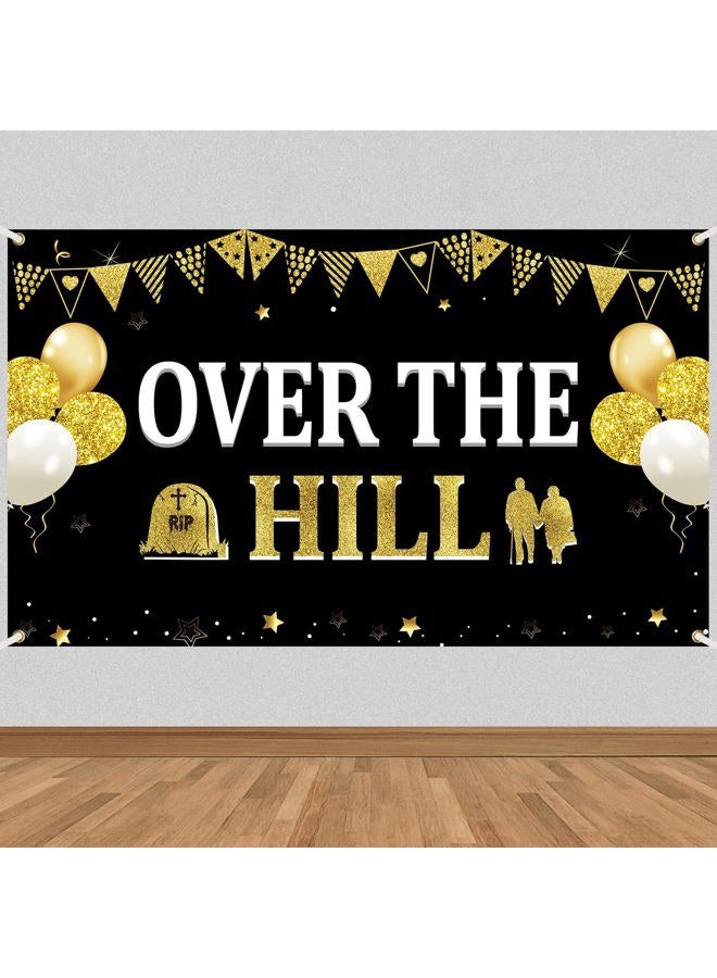 Bumqviy Over The Hill Birthday Banner Backdrop for Men Women，Black Gold Funny Happy Birthday Backdrop Party Supplies，40th 50th 60th 70th 80th Birthday Poster Background Photo Booth Props Decor - Image 1