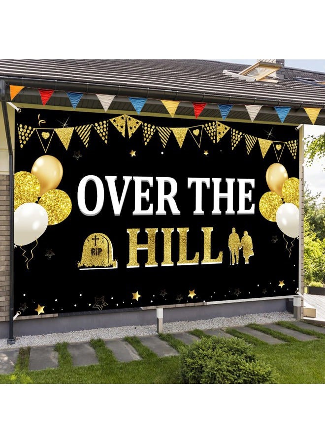 Bumqviy Over The Hill Birthday Banner Backdrop for Men Women，Black Gold Funny Happy Birthday Backdrop Party Supplies，40th 50th 60th 70th 80th Birthday Poster Background Photo Booth Props Decor - Image 3