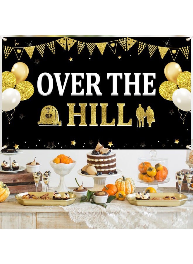Bumqviy Over The Hill Birthday Banner Backdrop for Men Women，Black Gold Funny Happy Birthday Backdrop Party Supplies，40th 50th 60th 70th 80th Birthday Poster Background Photo Booth Props Decor - Image 4