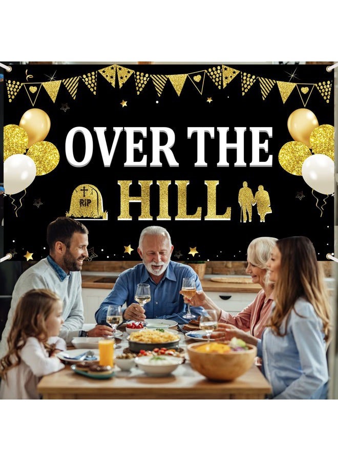 Bumqviy Over The Hill Birthday Banner Backdrop for Men Women，Black Gold Funny Happy Birthday Backdrop Party Supplies，40th 50th 60th 70th 80th Birthday Poster Background Photo Booth Props Decor - Image 5