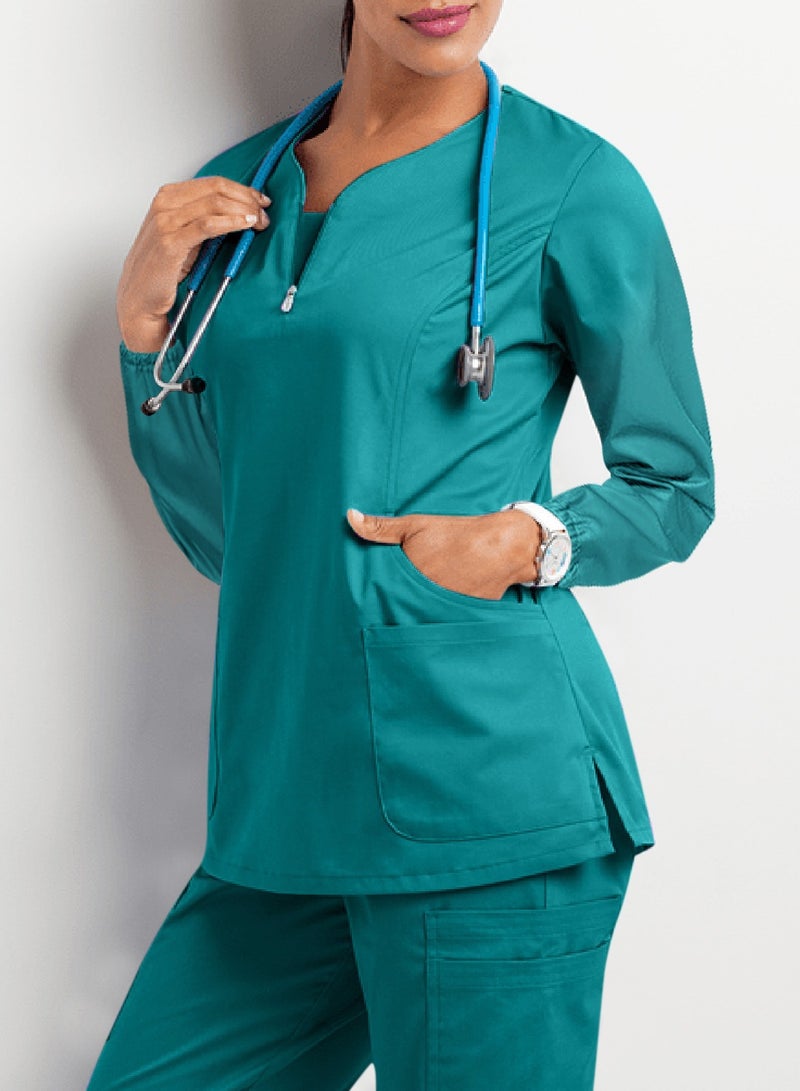 Solid V Neck Medical Scrubs Set，Medical Uniform Stretch Contrast Binding Top - Image 1
