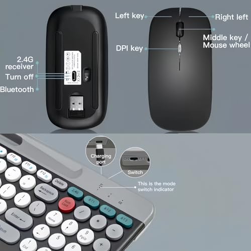 Guiheng Wireless Keyboard and Mouse Combo with Phone Tablet Holder, Rechargeable Dual-Mode (Bluetooth 5.0 and 3.0 +2.4G) Multi-Device Silent Mouse for Windows, iPad, Tablet, MacOS,iOS,Android (White+Grey) - Image 3