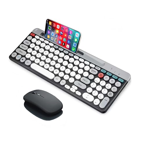Guiheng Wireless Keyboard and Mouse Combo with Phone Tablet Holder, Rechargeable Dual-Mode (Bluetooth 5.0 and 3.0 +2.4G) Multi-Device Silent Mouse for Windows, iPad, Tablet, MacOS,iOS,Android (White+Grey) - Image 1