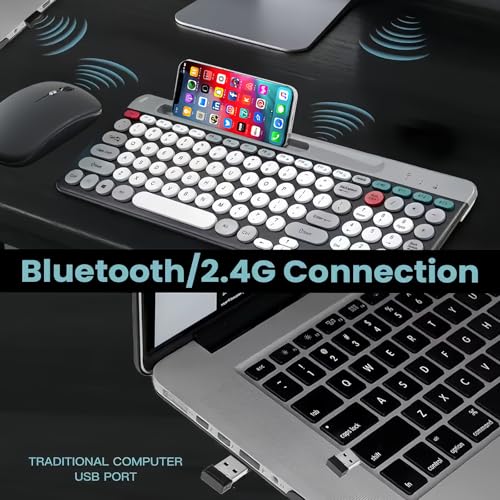 Guiheng Wireless Keyboard and Mouse Combo with Phone Tablet Holder, Rechargeable Dual-Mode (Bluetooth 5.0 and 3.0 +2.4G) Multi-Device Silent Mouse for Windows, iPad, Tablet, MacOS,iOS,Android (White+Grey) - Image 5
