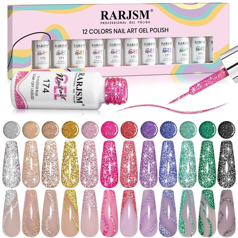 RARJSM Reflective Glitter Nail Art Gel Liner Flash Diamond Painted Gel Nail Polish 12 Colors 5ml Sparkle Silver Brown Hot Pink Green Black Pigment UV LED Soak off Curing Requires for Nail Design - Image 1
