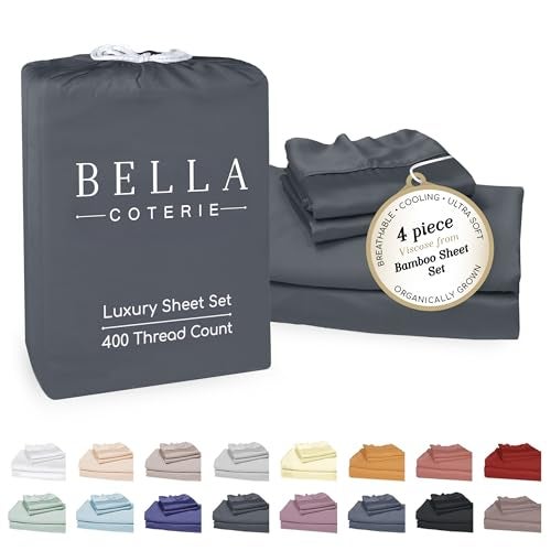 BC BELLA COTERIE Bella Coterie Luxury Bamboo Viscose 34 Split Top King Size Sheet Set 1 Fitted Sheet for Sleep Number Adjustable Beds 100 Organically Grown Cooling Soft 18 Deep Pocket Charcoal Grey - Image 1