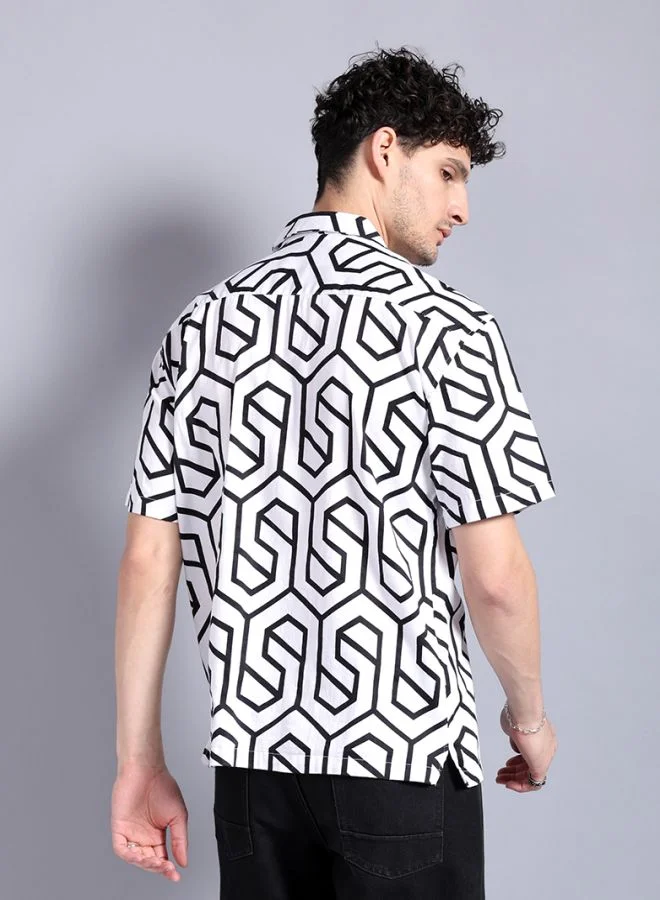 شركة المرآب الهندية قميص رجالي بقصة مريحة وطبعة هندسية وأكمام نصفية وياقة مفتوحة للحفلات