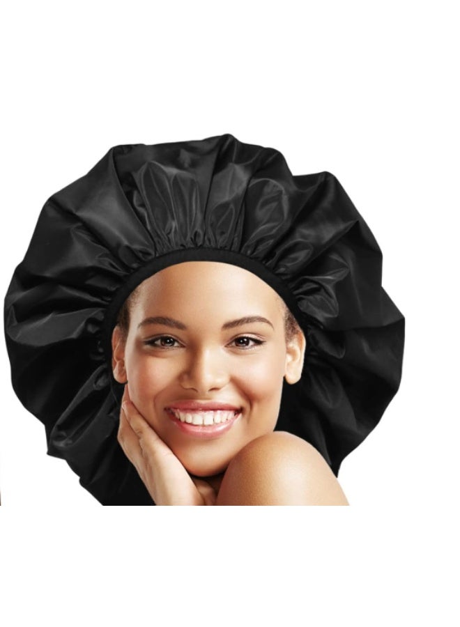 أوبان اوبان كاب استحمام كبير جداً مزدوج الطبقات مقاوم للماء قابل لاعادة الاستخدام ببطانة ساتان بونيه استحمام للنساء للشعر الكثيف والطويل واللوكس والضفائر لون اسود - Image 1