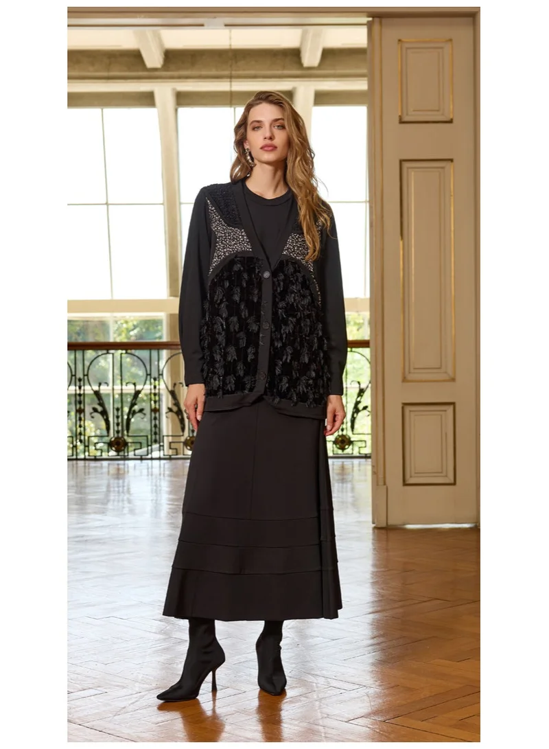 MissWhence Fringed Mixed-Media Cardigan - Black