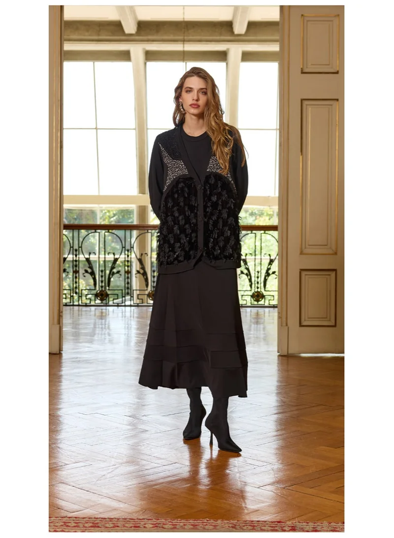 MissWhence  Fringed Mixed-Media Cardigan - Black for Women | Best Price UAE
