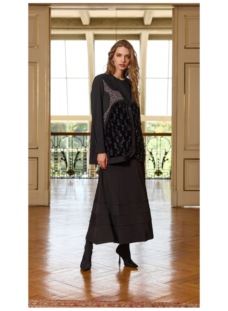 MissWhence  Fringed Mixed-Media Cardigan - Black for Women | Best Price UAE