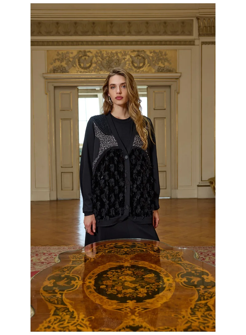 MissWhence  Fringed Mixed-Media Cardigan - Black for Women | Best Price UAE