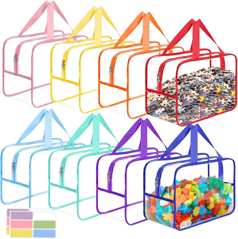 Mhtdet 8 Packs Widen X-Large Toy Storage Bags 12.6×9.25×6.9In with Labels, Reusable Clear PVC Board Game Storage, Travel Waterproof Organizer Bags with Zipper for Building Blocks, Puzzle, Stuffed Animals - Image 1