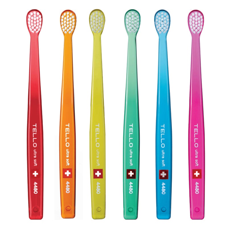 TELLO 4480 Adult or Child Ultra Soft SwissToothbrush with Smaller Head for Gentle Cleaning with Ergonomic Handle 6 Count