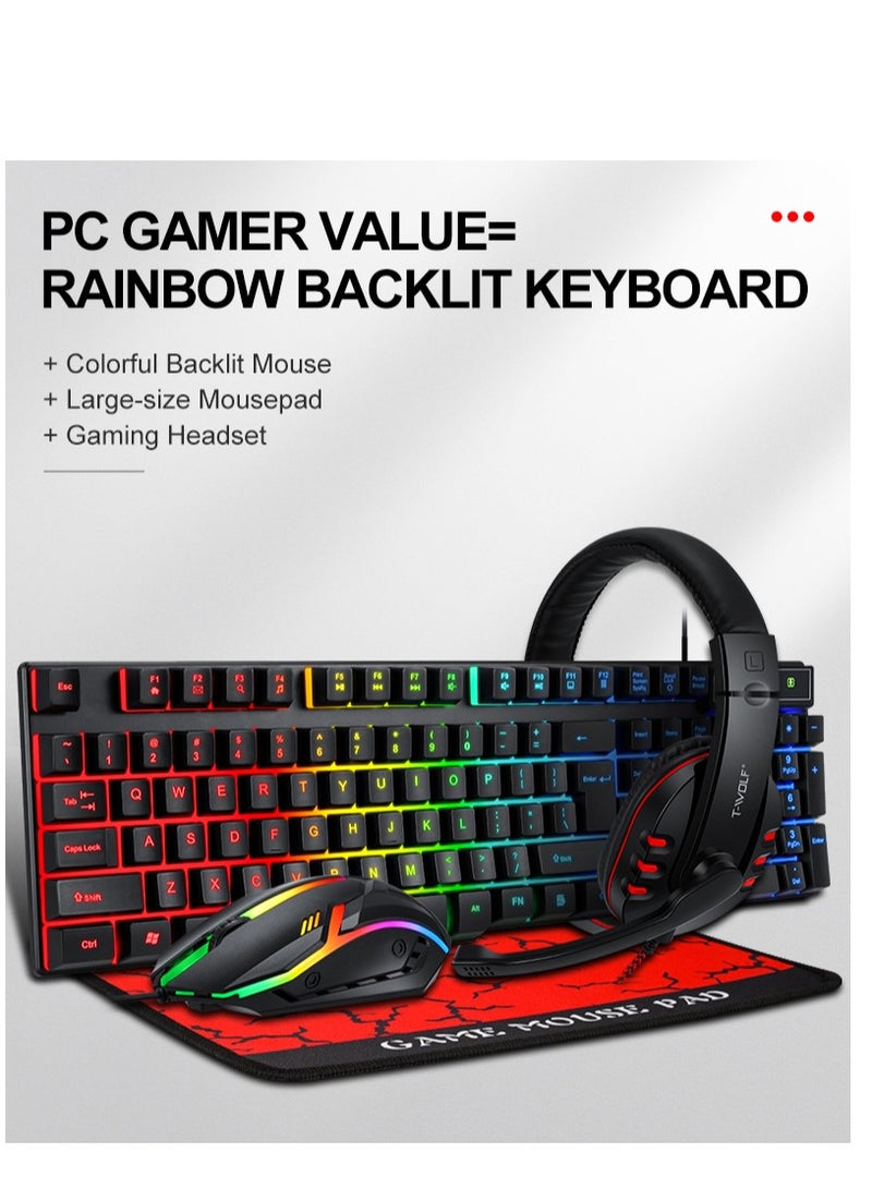 Game 4 IN 1 Set,Backlit Keyboard + Colorful Backlit Mouse + Large-Size Mousepad + Gaming Headset,Waterproof Rgb Color Suitable For Pc/Ps4/Xbox Gamers, Android Pubg Codm Genshin Diablo All Games - Image 1