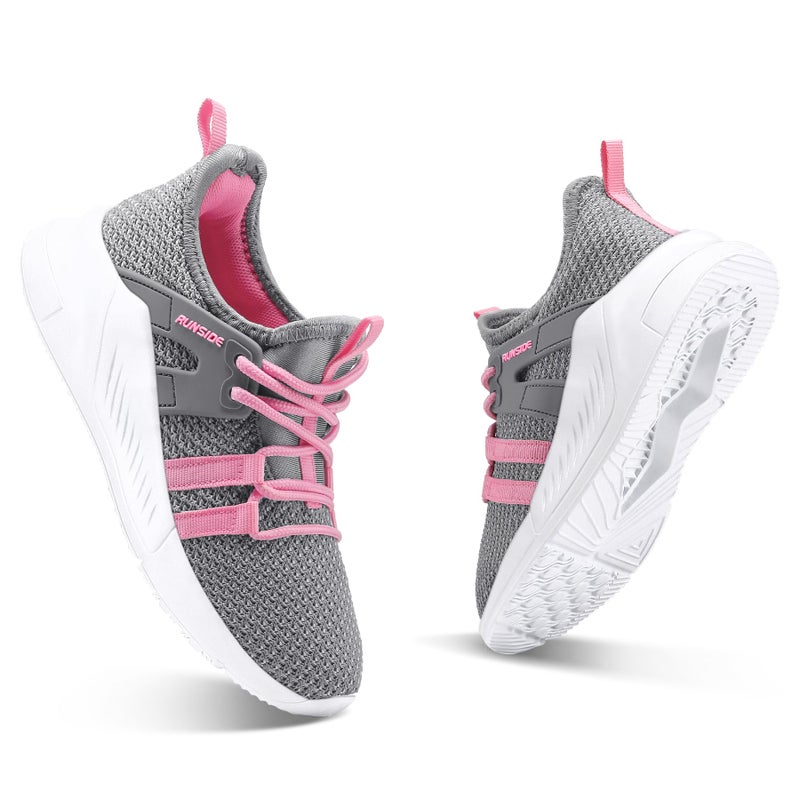RUNSIDE Boys Girls Tennis Shoes Kids Lightweight Breathable Sneakers Lace-up Running Athletic Shoes for Toddler/Little Kid/Big Kid Grey Pink - Image 3