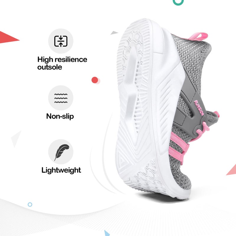 RUNSIDE Boys Girls Tennis Shoes Kids Lightweight Breathable Sneakers Lace-up Running Athletic Shoes for Toddler/Little Kid/Big Kid Grey Pink - Image 4