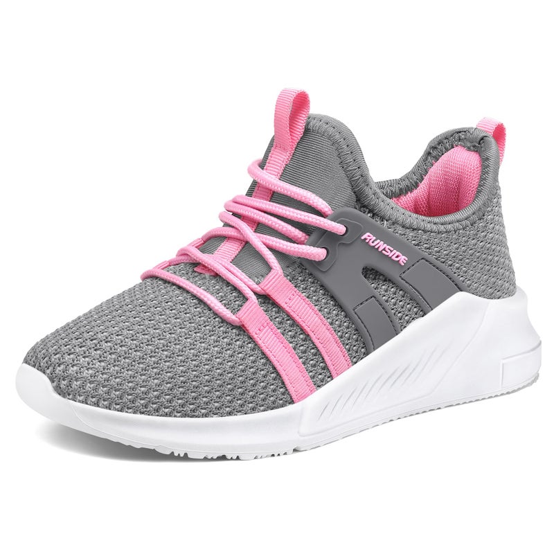 RUNSIDE Boys Girls Tennis Shoes Kids Lightweight Breathable Sneakers Lace-up Running Athletic Shoes for Toddler/Little Kid/Big Kid Grey Pink - Image 1