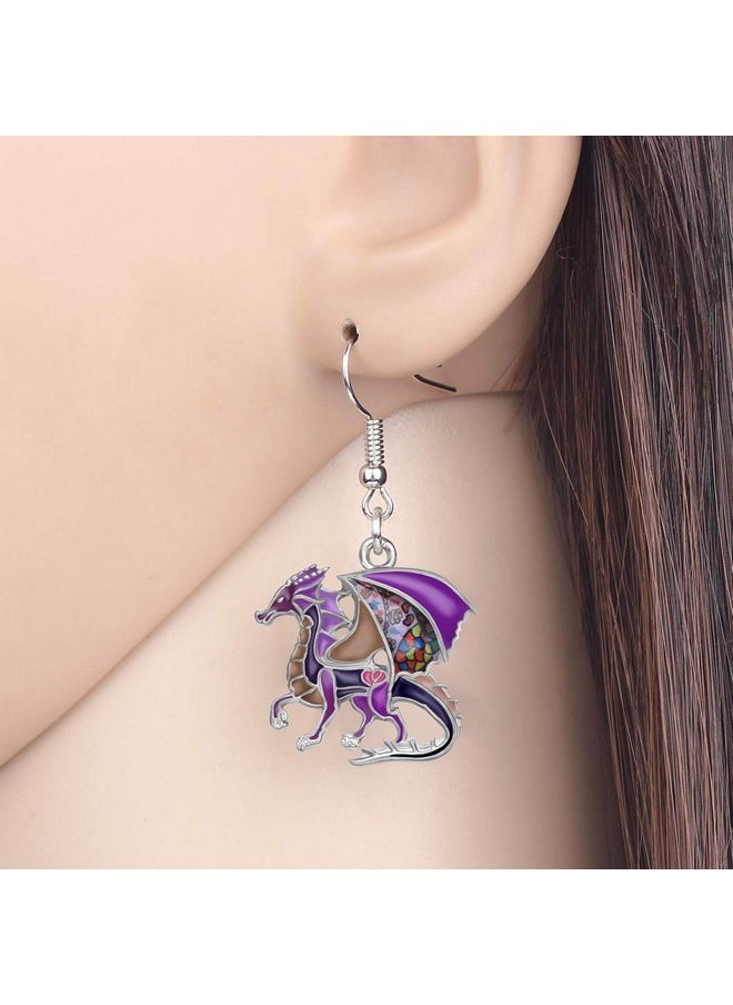Newei - Enamel Alloy Dinosaur Fantasy Dragon Earrings Drop Dangle Unique Animal Jewelry For Women Dragons Gifts (Purple) - Image 1
