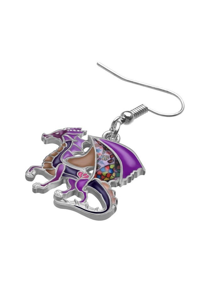 Newei - Enamel Alloy Dinosaur Fantasy Dragon Earrings Drop Dangle Unique Animal Jewelry For Women Dragons Gifts (Purple) - Image 1