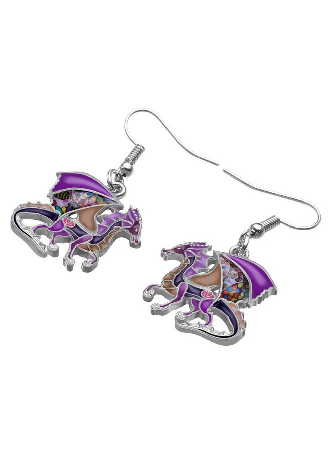 Newei - Enamel Alloy Dinosaur Fantasy Dragon Earrings Drop Dangle Unique Animal Jewelry For Women Dragons Gifts (Purple) - Image 1