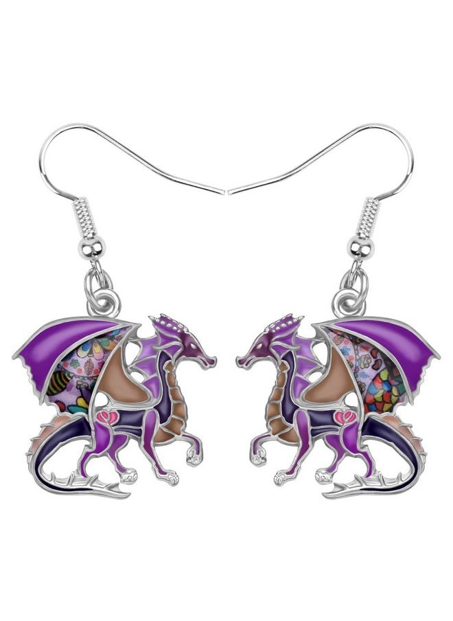 Newei - Enamel Alloy Dinosaur Fantasy Dragon Earrings Drop Dangle Unique Animal Jewelry For Women Dragons Gifts (Purple) - Image 1