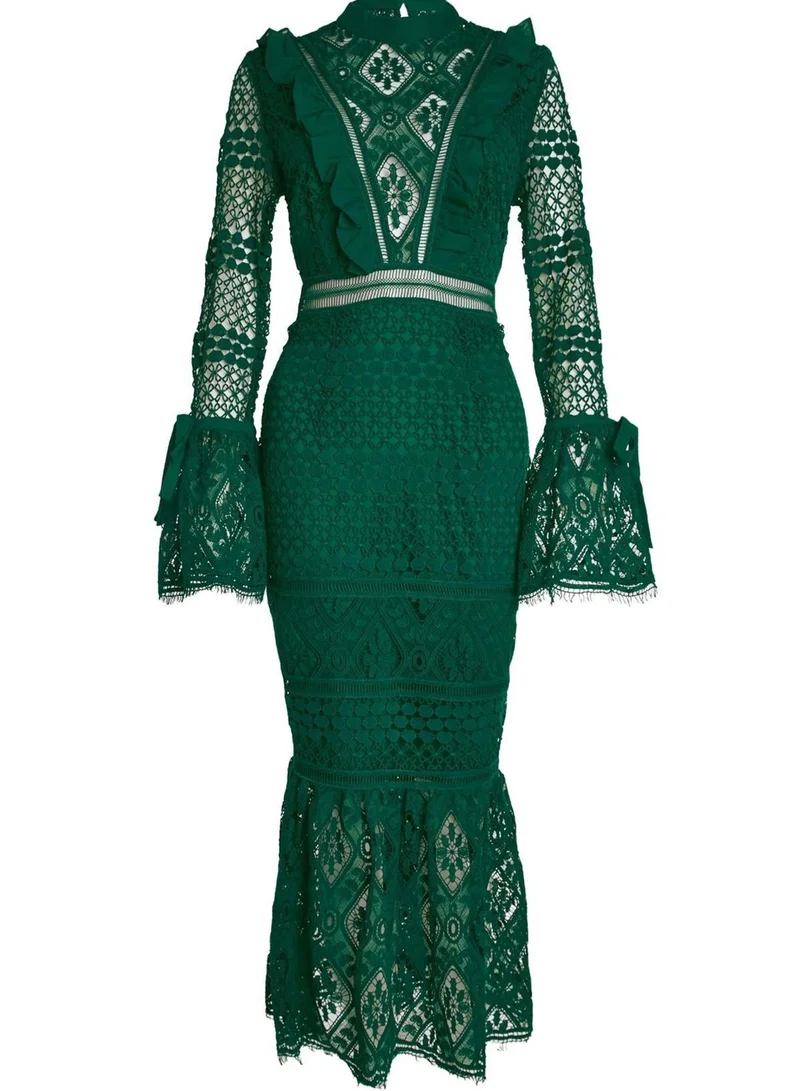 ترو ديكادينس Jenna Emerald-Green Peplum-Sleeve Lace Midi Dress