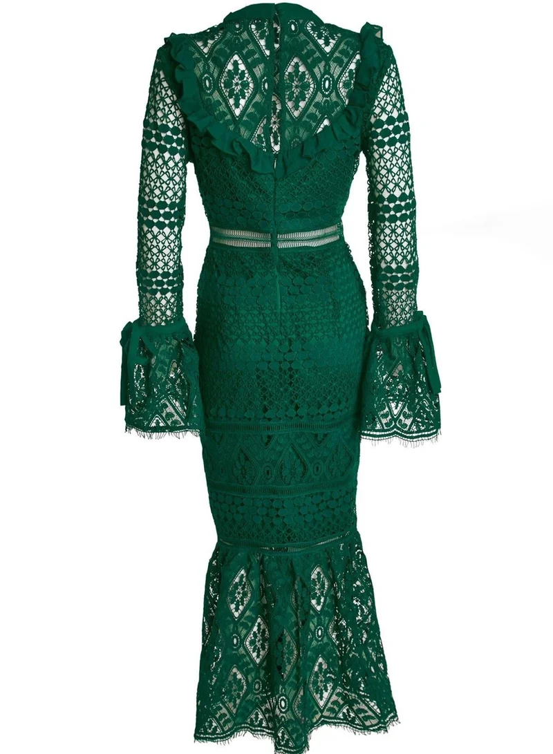 ترو ديكادينس Jenna Emerald-Green Peplum-Sleeve Lace Midi Dress