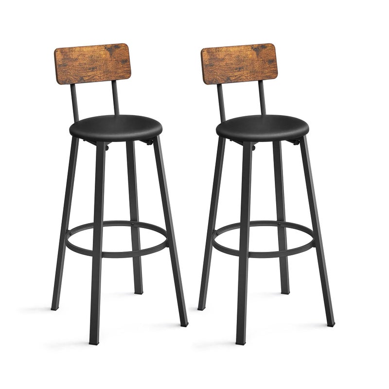 VASAGLE Bar Stools, Set of 2 PU Upholstered Breakfast Stools, 29.7 Inches Barstools with Back and Footrest, Simple Assembly, for Dining Room Kitchen Counter Bar, Rustic Brown and Black ULBC069B81 - Image 1