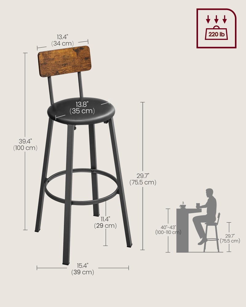 VASAGLE Bar Stools, Set of 2 PU Upholstered Breakfast Stools, 29.7 Inches Barstools with Back and Footrest, Simple Assembly, for Dining Room Kitchen Counter Bar, Rustic Brown and Black ULBC069B81 - Image 3