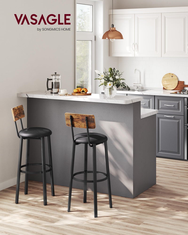 VASAGLE Bar Stools, Set of 2 PU Upholstered Breakfast Stools, 29.7 Inches Barstools with Back and Footrest, Simple Assembly, for Dining Room Kitchen Counter Bar, Rustic Brown and Black ULBC069B81 - Image 2