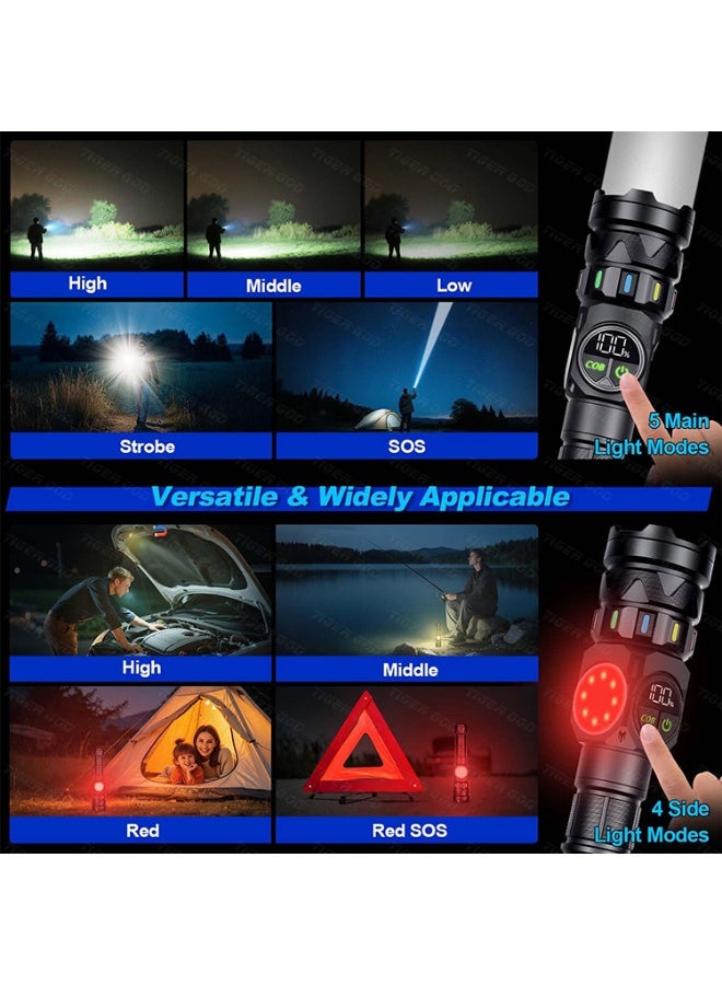 Super Bright Rechargeable Flashlight, 3000mAh White Laser Flashlight with Adjustable Spot & Flood Beam, COB Side Light, 9 Lighting Modes, Magnetic Base, Portable LED Flashlight - Image 4