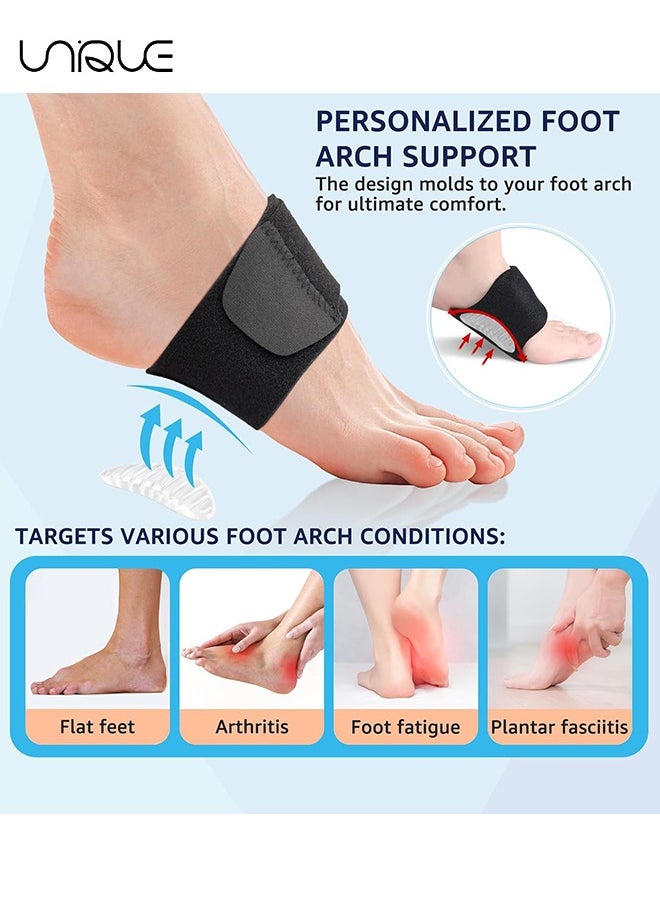 Unique Arch Support Brace (2 Pack) - Adjustable, Non-Slip Arch Wraps with Soft Elastic Silicone Pads for Foot Care, Flat & Fallen Arches, High Arch, Plantar Fasciitis Relief - Fits All Shoes (Black)  - Image 4
