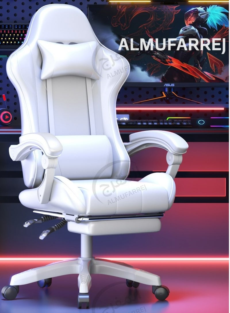 ALMUFARREJ Gaming Chair Adjustable Computer Chair Pc Office Pu Leather High Back Lumbar Support Comfortable Armrest Headrest White  - Image 1